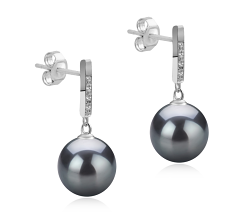 Par de pendientes de perlas Perla Tahití de calidad AAA de 9 a 10mm en color Negro