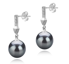 Par de pendientes de perlas Perla Tahití de calidad AAA de 9 a 10mm en color Negro