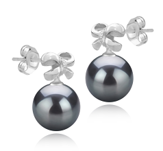 Par de pendientes de perlas Perla Tahití de calidad AAA de 9 a 10mm en color Negro