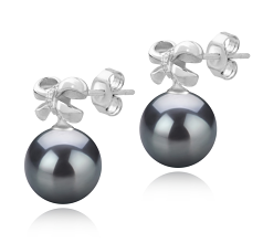 Par de pendientes de perlas Perla Tahití de calidad AAA de 9 a 10mm en color Negro