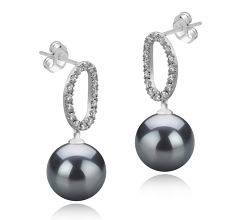 Par de pendientes de perlas Perla Tahití de calidad AAA de 9 a 10mm en color Negro