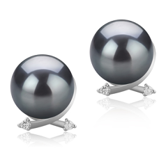 Par de pendientes de perlas Perla Tahití de calidad AAA de 10 a 11mm en color Negro