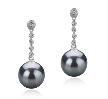 Par de pendientes de perlas Perla Tahití de calidad AAA de 9 a 10mm en color Negro