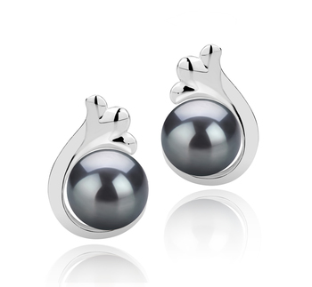 Par de pendientes de perlas Perla de Agua Dulce de calidad AAA de 7 a 8mm en color Negro