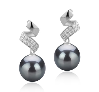 Par de pendientes de perlas Perla Tahití de calidad AAA de 9 a 10mm en color Negro