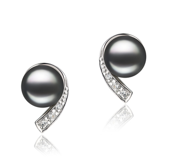 Par de pendientes de perlas Perla de Agua Dulce de calidad AA de 7 a 8mm en color Negro
