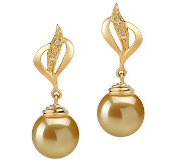 Par de pendientes de perlas Mar del Sur de calidad AAA de 10 a 11mm en color Oro