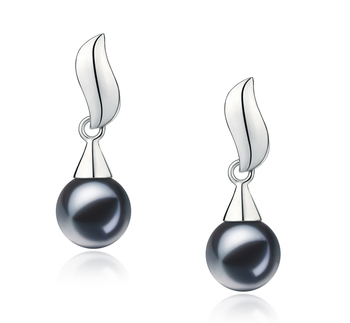 Par de pendientes de perlas Perla de Agua Dulce de calidad AAAA de 7 a 8mm en color Negro