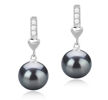 Par de pendientes de perlas Perla Tahití de calidad AAA de 9 a 10mm en color Negro
