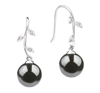 Par de pendientes de perlas Perla Tahití de calidad AAA de 9 a 10mm en color Negro
