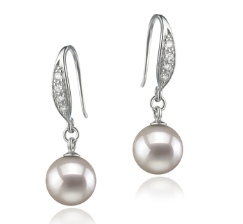 Par de pendientes de perlas Perla Akoya Japonesa de calidad AA de 8 a 9mm en color Blanco