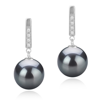 Par de pendientes de perlas Perla Tahití de calidad AAA de 9 a 10mm en color Negro