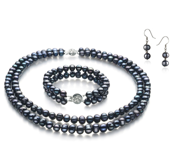 Conjunto de perlas Perla de Agua Dulce de calidad A de 6 a 7mm en color Negro
