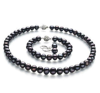 Conjunto de perlas Perla de Agua Dulce de calidad A de 8 a 9mm en color Negro