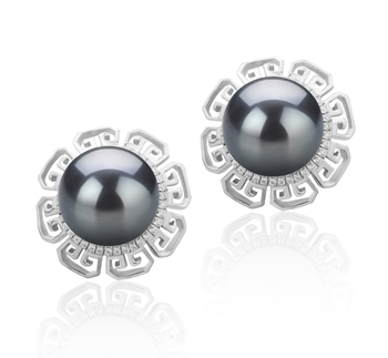 Par de pendientes de perlas Perla Tahití de calidad AAA de 9 a 10mm en color Negro