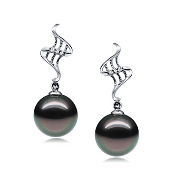 Par de pendientes de perlas Perla Tahití de calidad AAA de 9 a 10mm en color Negro