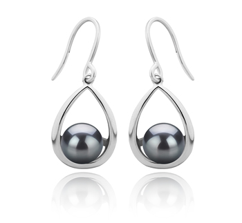Par de pendientes de perlas Perla de Agua Dulce de calidad AAAA de 7 a 8mm en color Negro