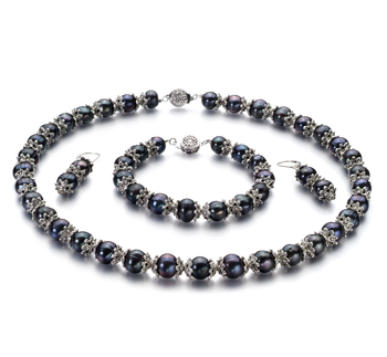 Conjunto de perlas Perla de Agua Dulce de calidad AA de 8 a 9mm en color Negro