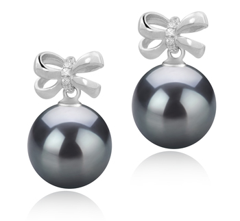 Par de pendientes de perlas Perla Tahití de calidad AAA de 9 a 10mm en color Negro