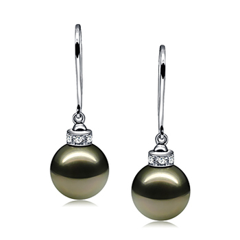 Par de pendientes de perlas Perla Tahití de calidad AAA de 9 a 10mm en color Negro