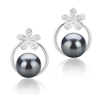 Par de pendientes de perlas Perla de Agua Dulce de calidad AAAA de 7 a 8mm en color Negro