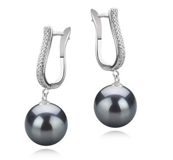Par de pendientes de perlas Perla Tahití de calidad AAA de 10 a 11mm en color Negro