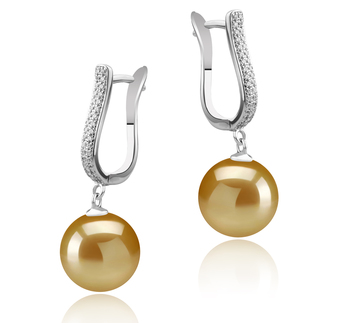 Par de pendientes de perlas Mar del Sur de calidad AAA de 10 a 11mm en color Oro