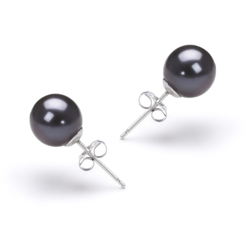 Par de pendientes de perlas Perla de Agua Dulce de calidad AAAA de 7 a 8mm en color Negro