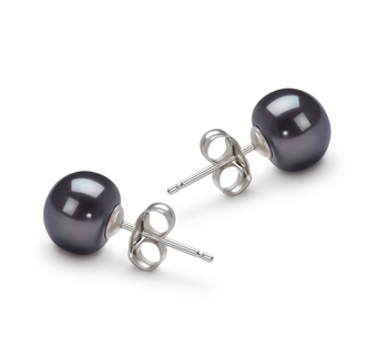 Par de pendientes de perlas Perla de Agua Dulce de calidad AA de 7 a 8mm en color Negro