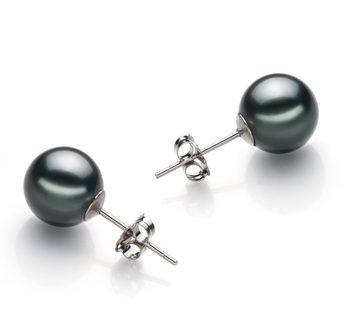 Par de pendientes de perlas Perla Tahití de calidad AAA de 9 a 10mm en color Negro
