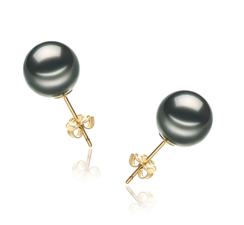 Par de pendientes de perlas Perla Tahití de calidad AA de 9 a 10mm en color Negro