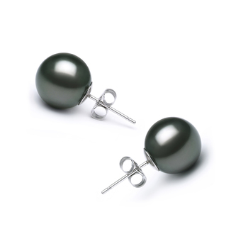 Par de pendientes de perlas Perla Tahití de calidad AA de 10 a 11mm en color Negro