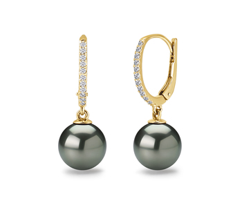 Par de pendientes de perlas Perla Tahití de calidad AAA de 10 a 11mm en color Negro