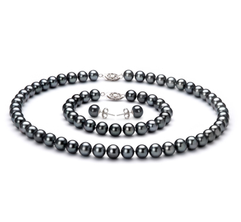 Conjunto de perlas Perla de Agua Dulce de calidad AA de 7.5 a 8.5mm en color Negro