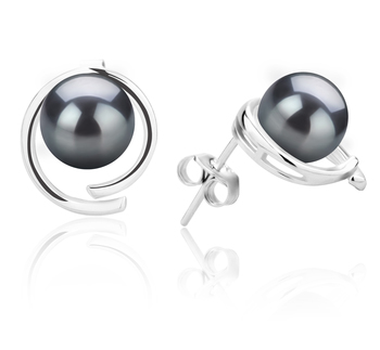 Par de pendientes de perlas Perla de Agua Dulce de calidad AAAA de 7 a 8mm en color Negro
