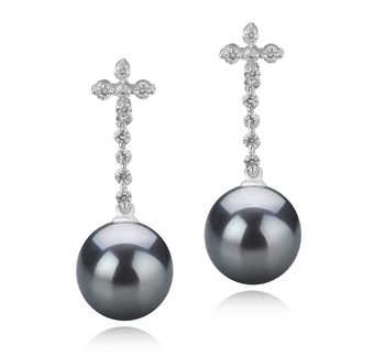 Par de pendientes de perlas Perla Tahití de calidad AAA de 10 a 11mm en color Negro
