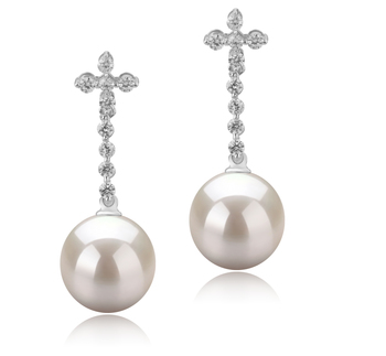 Par de pendientes de perlas Perla de Agua Dulce de calidad AAAA de 10 a 11mm en color Blanco