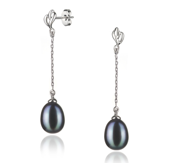 Par de pendientes de perlas Perla de Agua Dulce de calidad AA de 7 a 8mm en color Negro