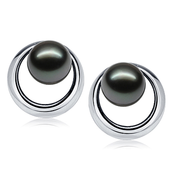 Par de pendientes de perlas Perla Tahití de calidad AAA de 9 a 10mm en color Negro