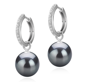 Par de pendientes de perlas Perla Tahití de calidad AAA de 10 a 11mm en color Negro