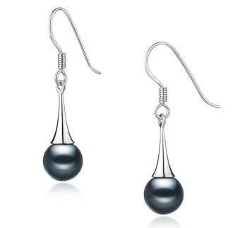 Par de pendientes de perlas Perla de Agua Dulce de calidad AAAA de 7 a 8mm en color Negro