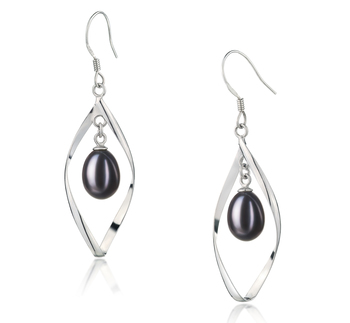 Par de pendientes de perlas Perla de Agua Dulce de calidad AA - Gota de 7 a 8mm en color Negro