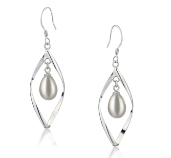 Par de pendientes de perlas Perla de Agua Dulce de calidad AA - Gota de 7 a 8mm en color Blanco