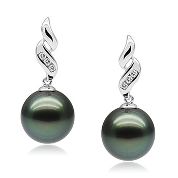Par de pendientes de perlas Perla Tahití de calidad AAA de 9 a 10mm en color Negro