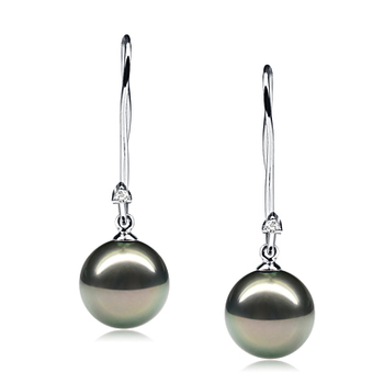 Par de pendientes de perlas Perla Tahití de calidad AAA de 9 a 10mm en color Negro