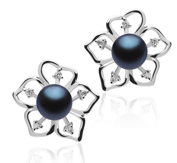 Par de pendientes de perlas Perla de Agua Dulce de calidad AAAA de 7 a 8mm en color Negro