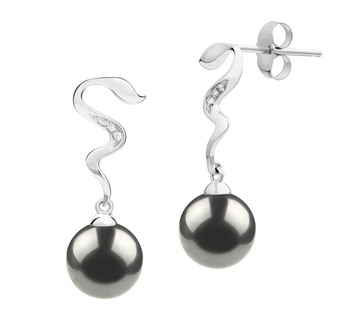 Par de pendientes de perlas Perla Tahití de calidad AAA de 8 a 9mm en color Negro