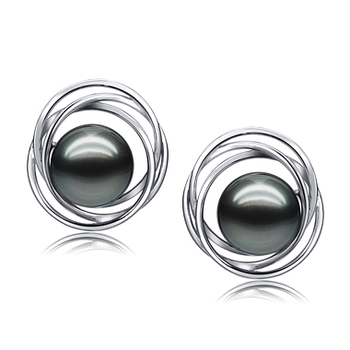 Par de pendientes de perlas Perla Tahití de calidad AAA de 9 a 10mm en color Negro