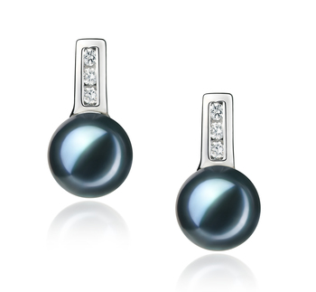 Par de pendientes de perlas Perla Akoya Japonesa de calidad AA de 7 a 8mm en color Negro