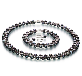 Conjunto de perlas Perla de Agua Dulce de calidad A de 6 a 7mm en color Negro